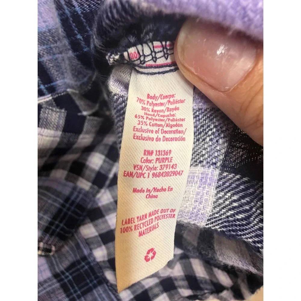 Justice Girls XL Plus Purple Patchwork Plaid Hooded Button Down Shirt 16P 18P